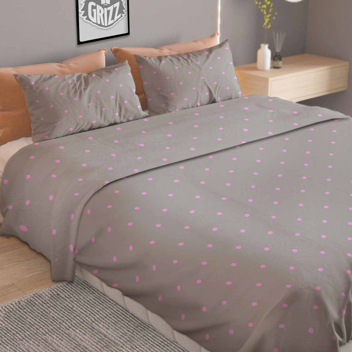Polka Dot Grey And Pink Dot Print Pattern Duvet Cover Bedding Set
