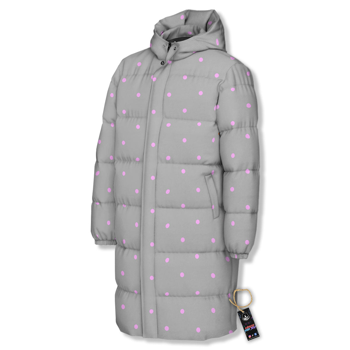Polka Dot Grey And Pink Dot Print Pattern Long Down Jacket-grizzshop