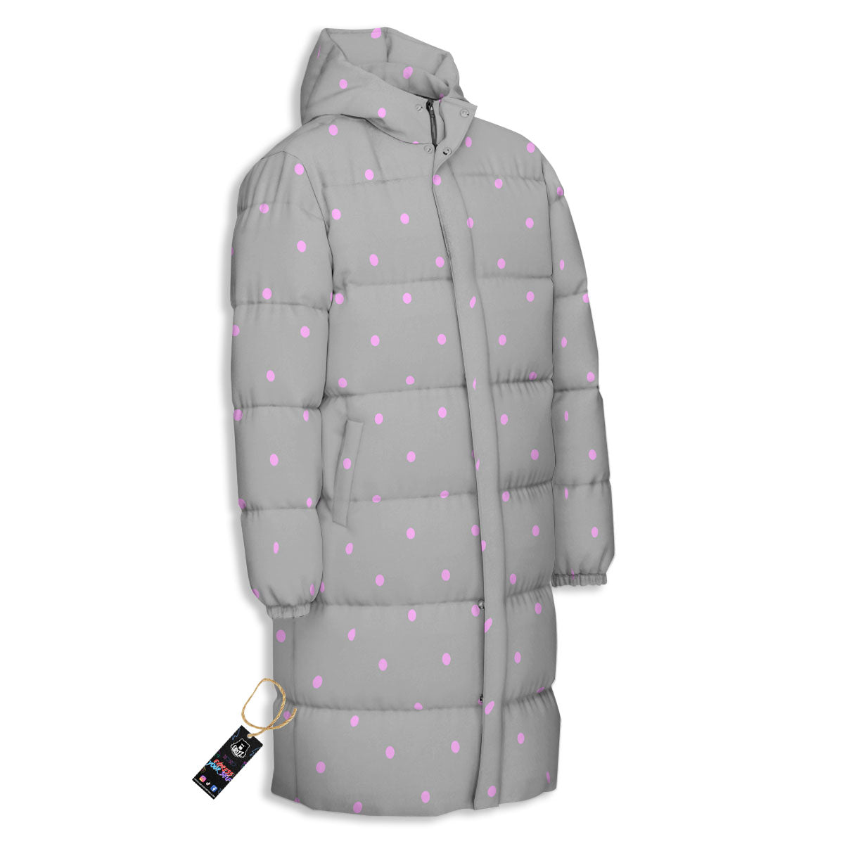 Polka Dot Grey And Pink Dot Print Pattern Long Down Jacket-grizzshop