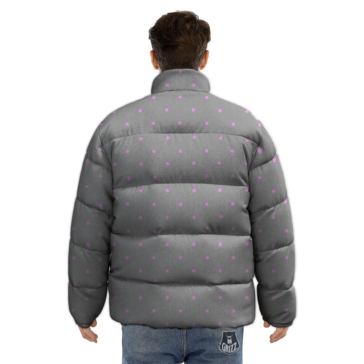 Polka Dot Grey And Pink Dot Print Pattern Puffer Jacket-grizzshop
