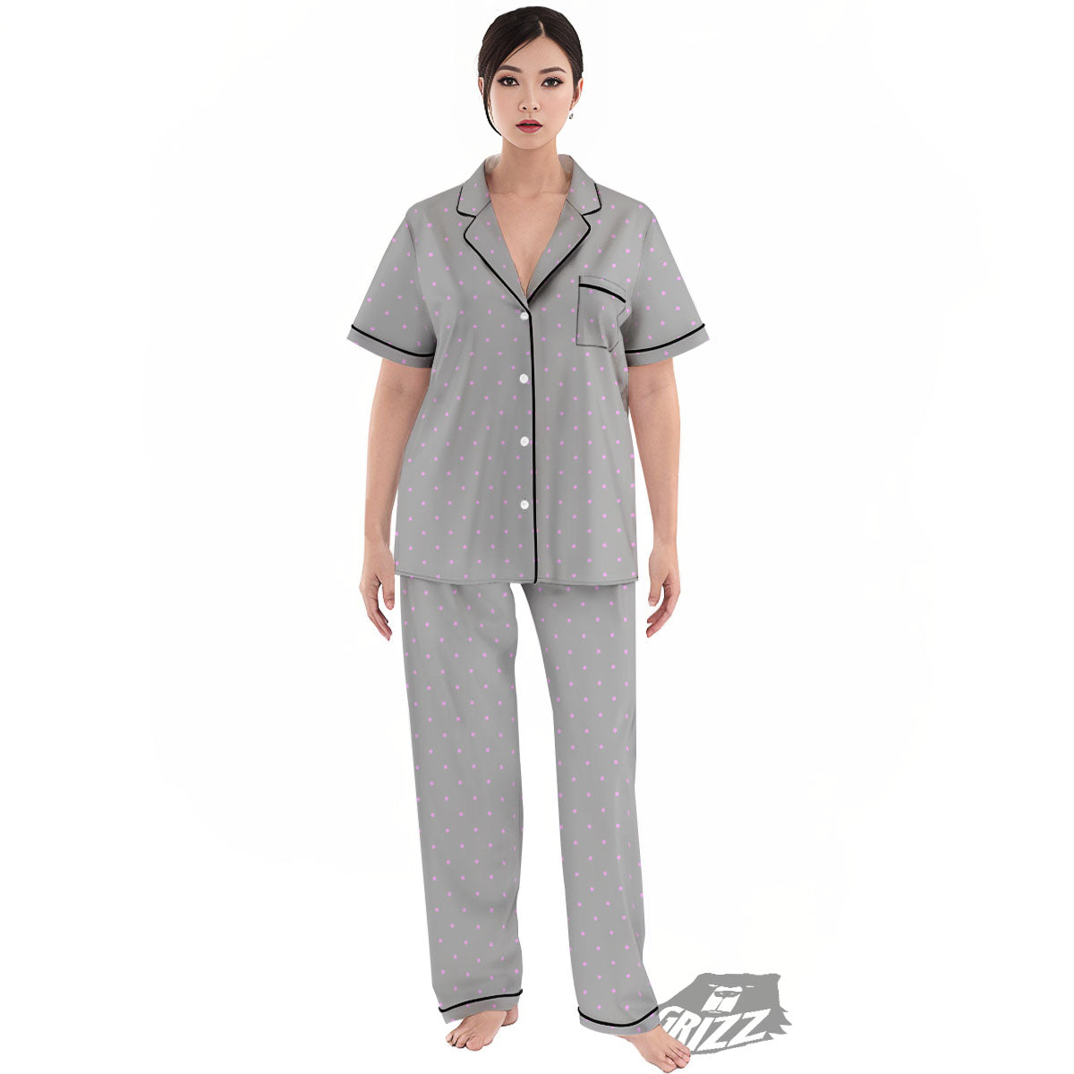 Polka Dot Grey And Pink Dot Print Pattern Women's Pajamas Set-grizzshop