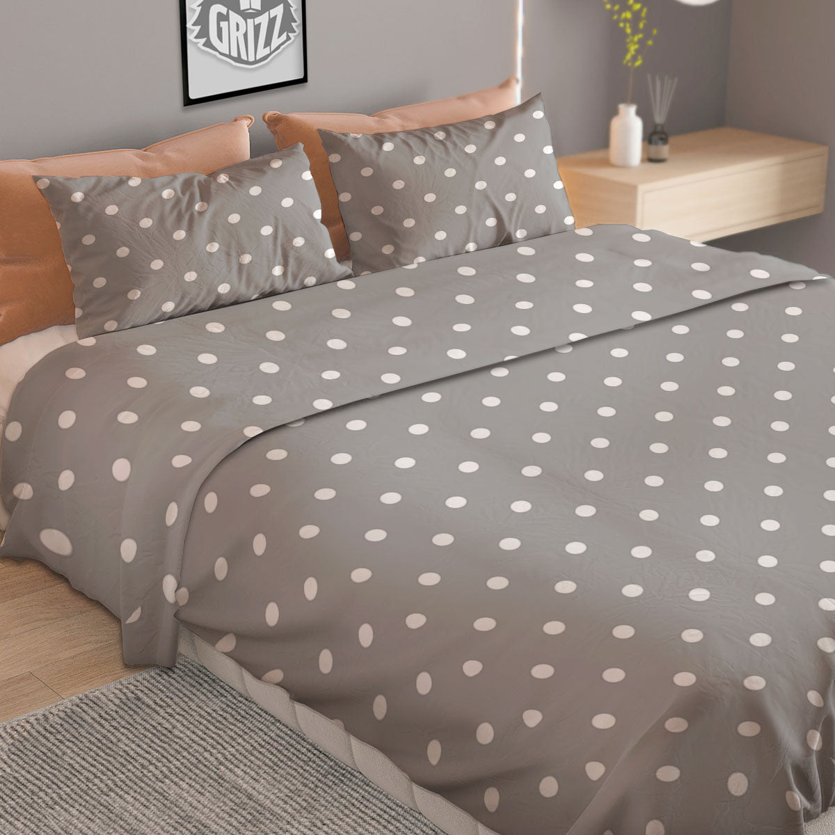 Polka Dot Grey And White Print Pattern Duvet Cover Bedding Set