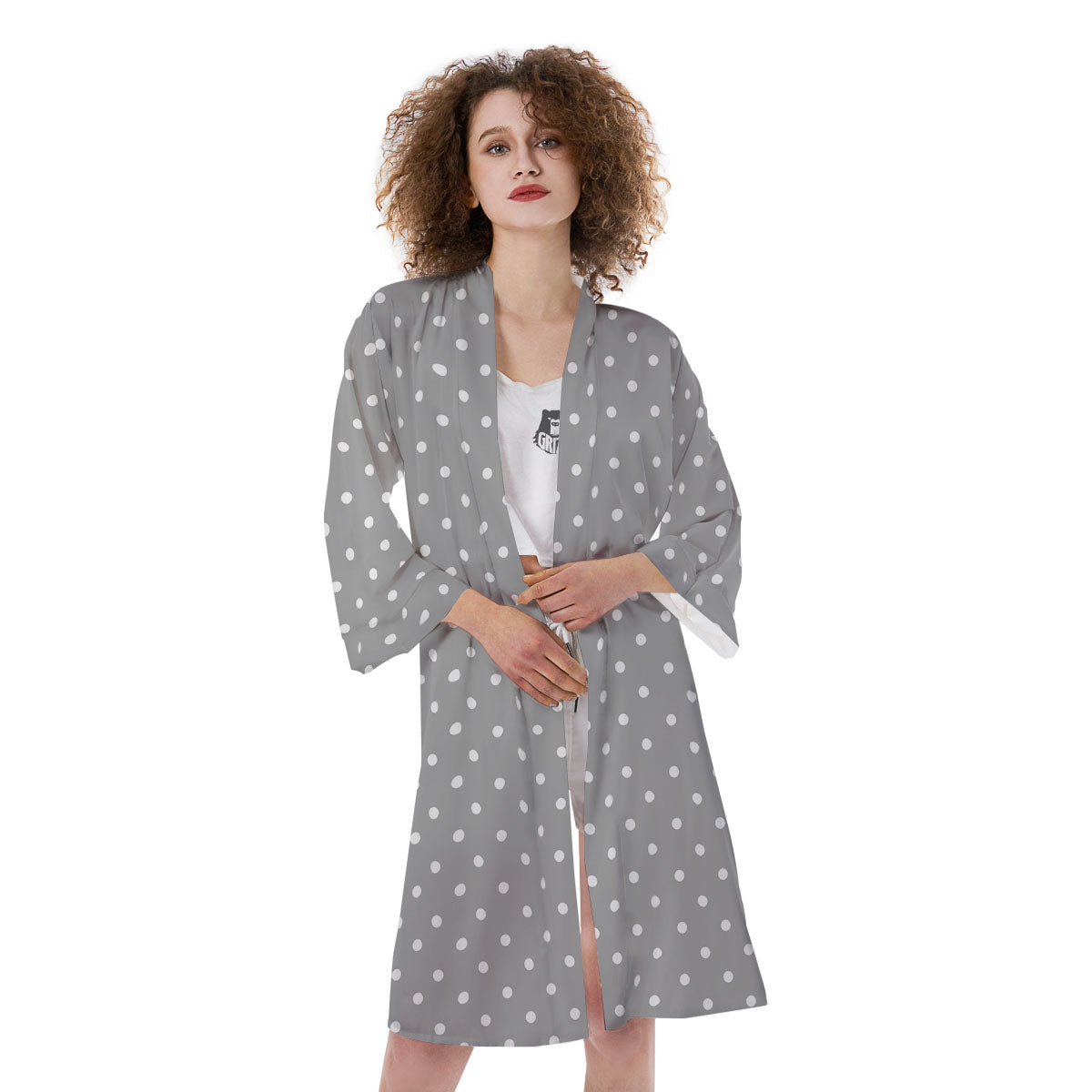 Polka Dot Grey And White Print Pattern Kimono-grizzshop