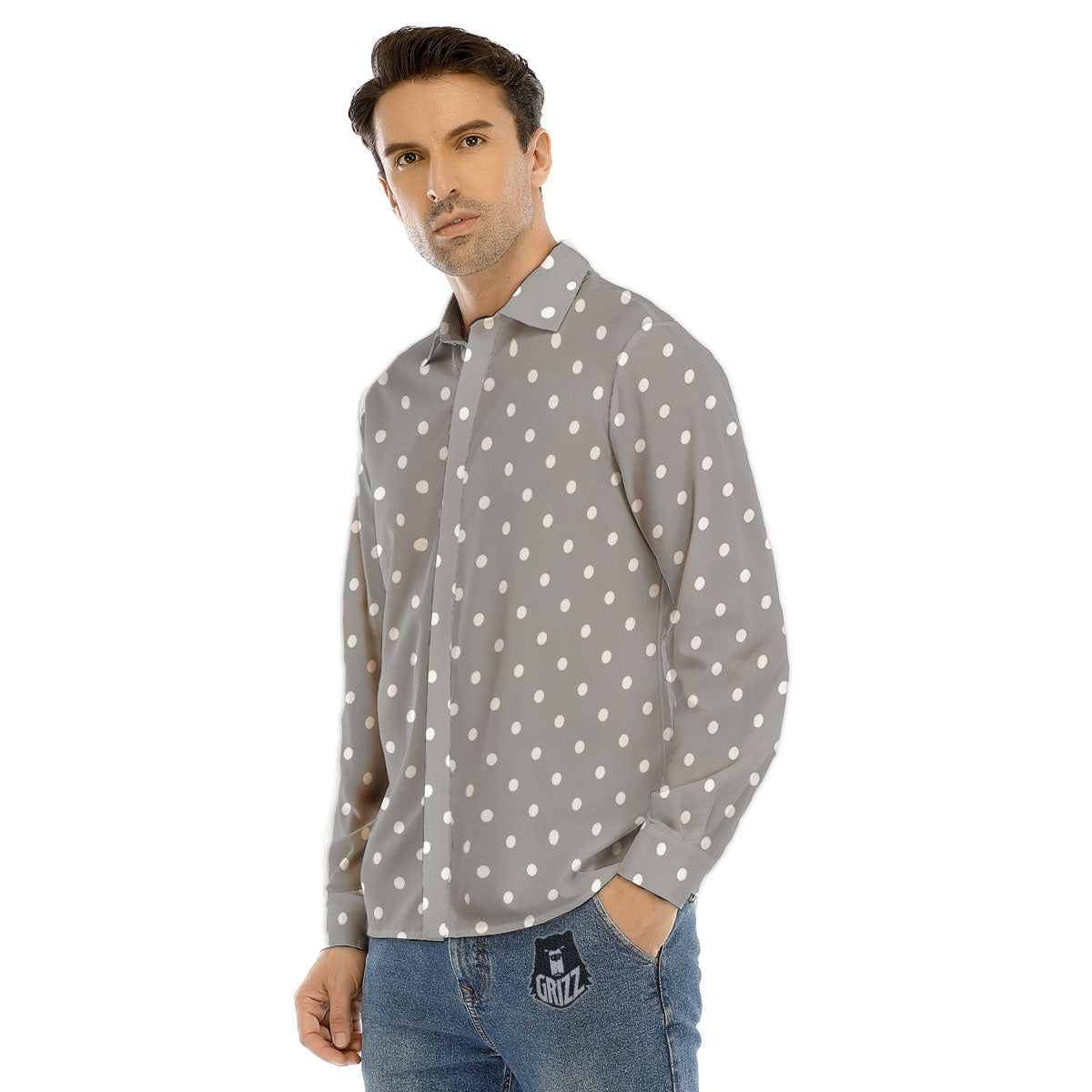Polka Dot Grey And White Print Pattern Men's Dress Shirts-grizzshop