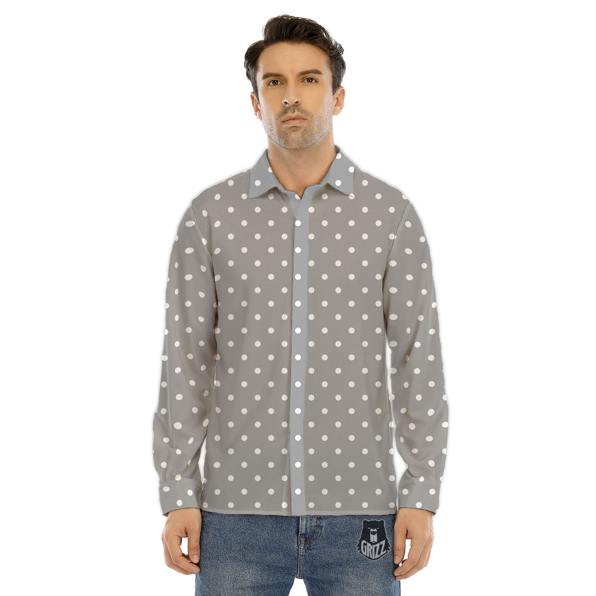 Polka Dot Grey And White Print Pattern Men's Dress Shirts-grizzshop
