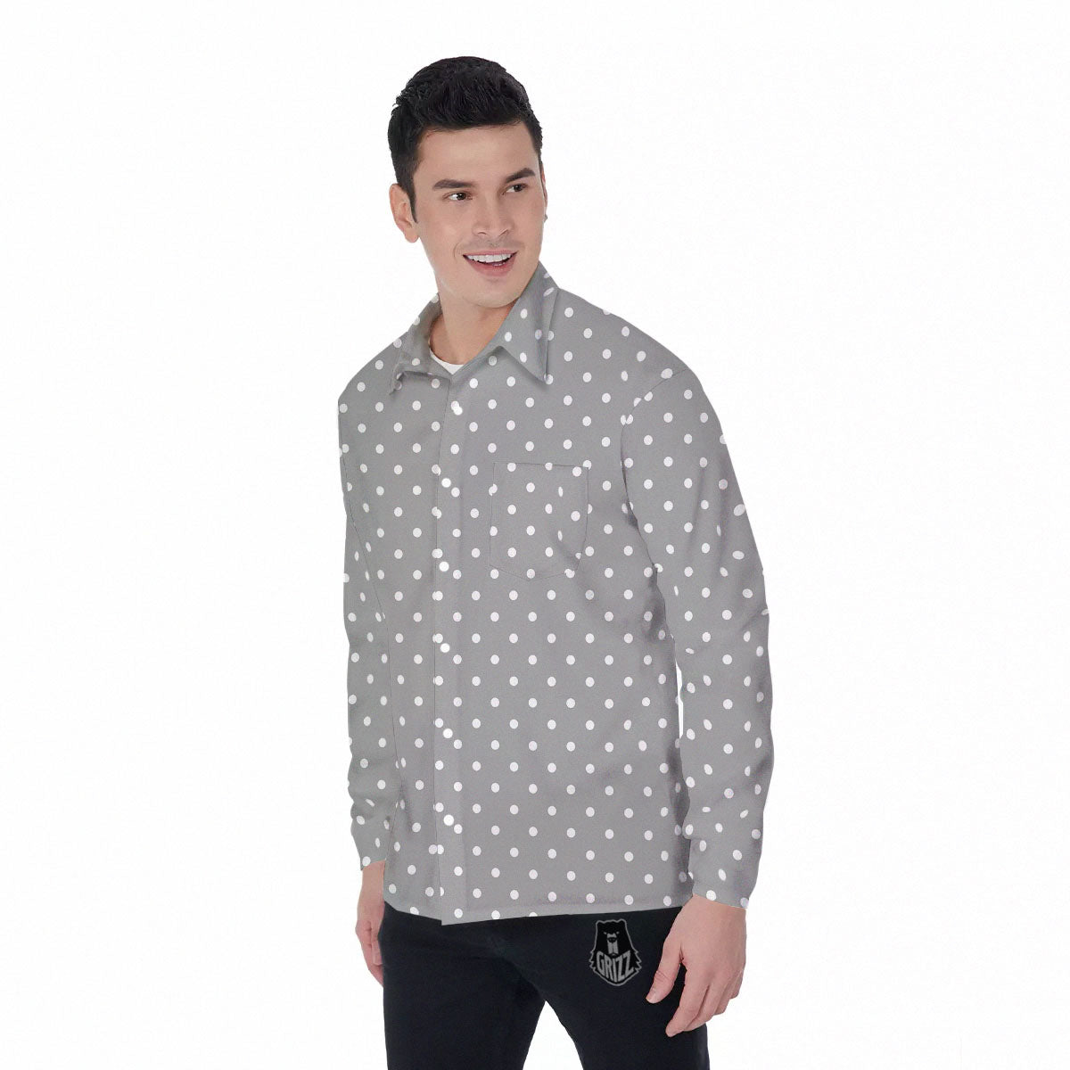Polka Dot Grey And White Print Pattern Men's Long Sleeve Shirts-grizzshop