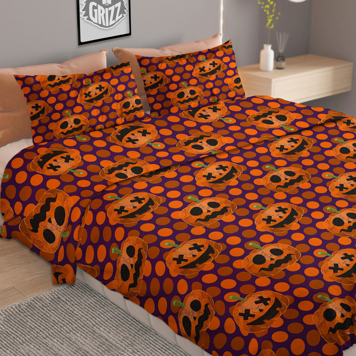 Polka Dot Halloween Pumkin Print Pattern Duvet Cover Bedding Set