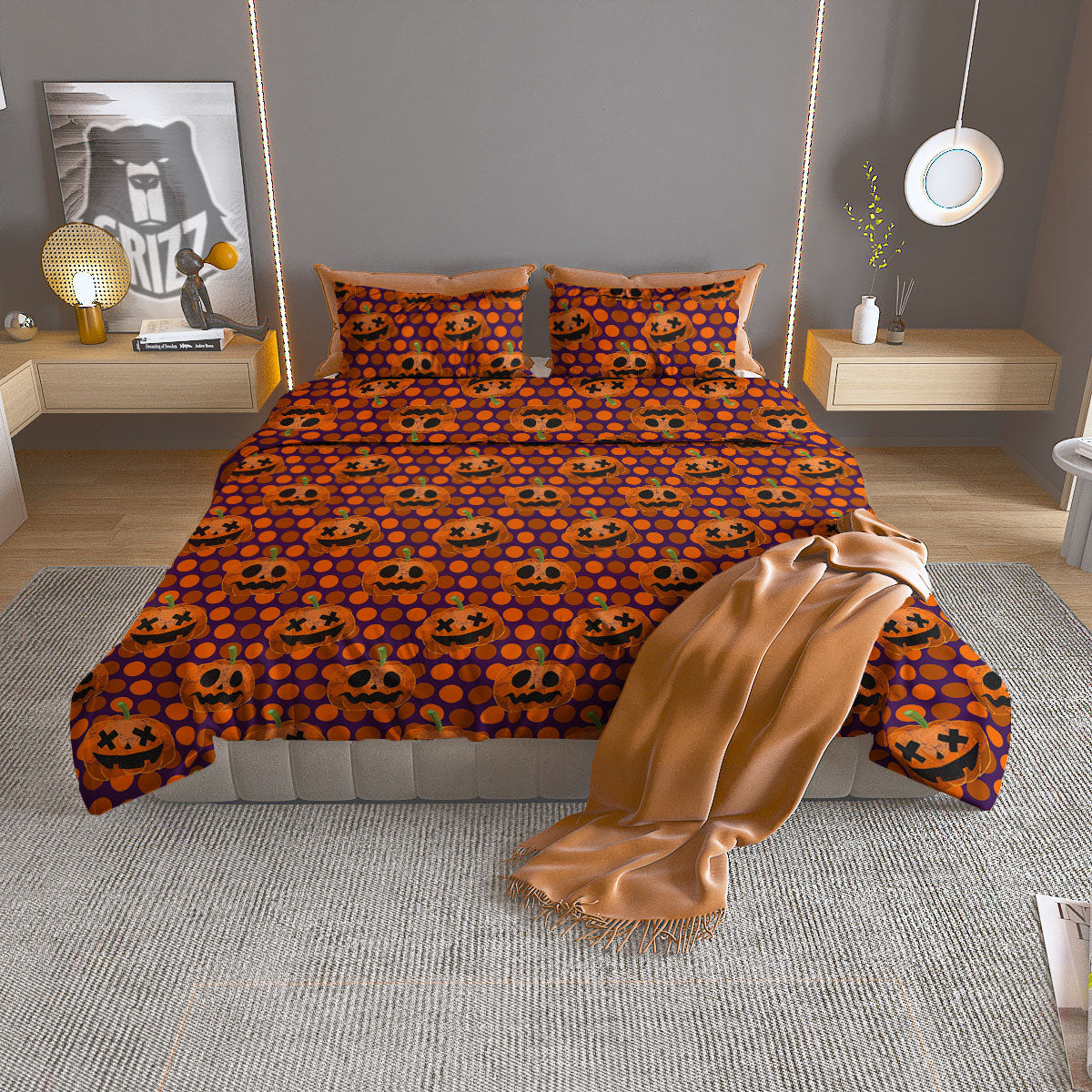Polka Dot Halloween Pumkin Print Pattern Duvet Cover Bedding Set