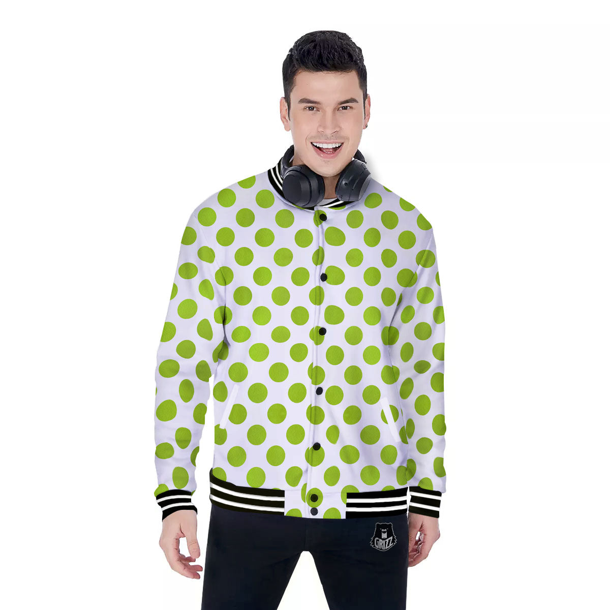 Polka Dot Lime Green And White Print Baseball Jacket-grizzshop