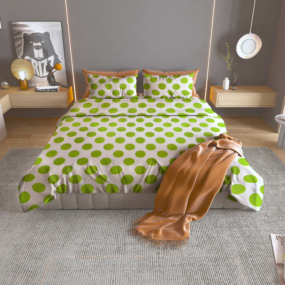 Polka Dot Lime Green And White Print Duvet Cover Bedding Set