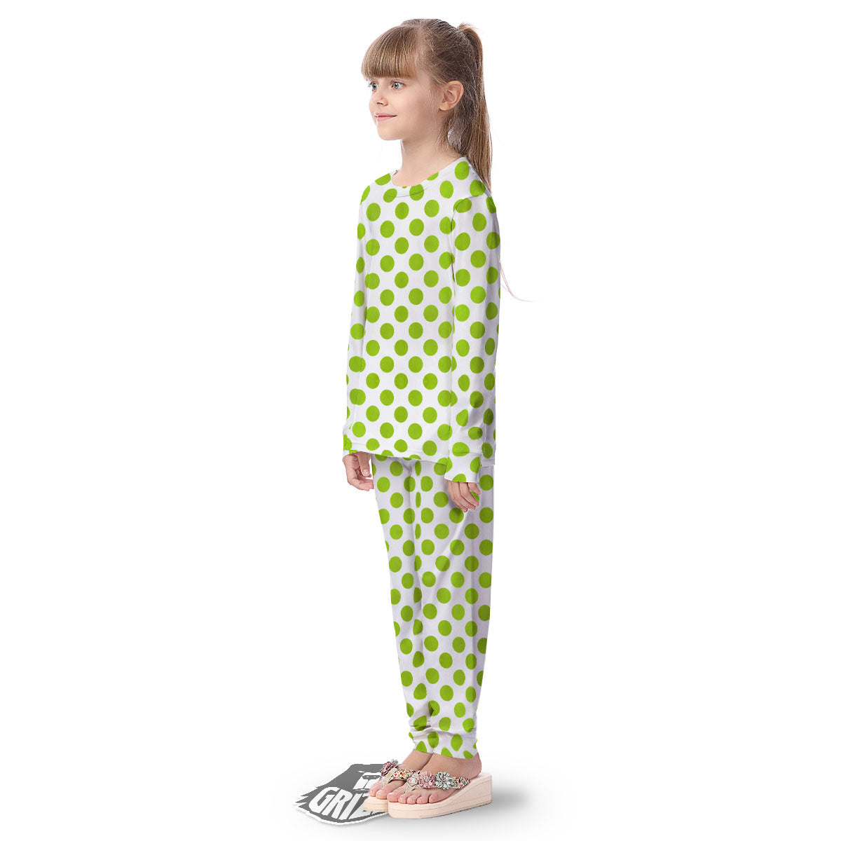 Polka Dot Lime Green And White Print Kid's Pajamas-grizzshop