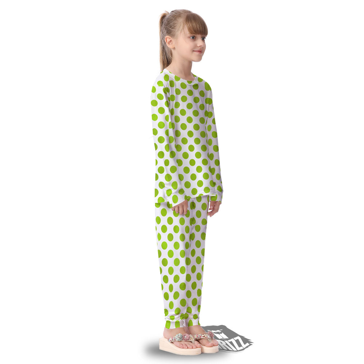 Polka Dot Lime Green And White Print Kid's Pajamas-grizzshop