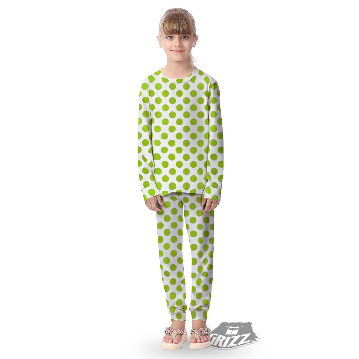 Polka Dot Lime Green And White Print Kid's Pajamas-grizzshop
