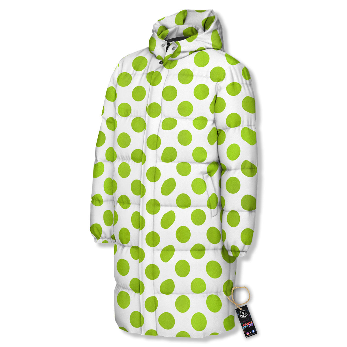 Polka Dot Lime Green And White Print Long Down Jacket-grizzshop