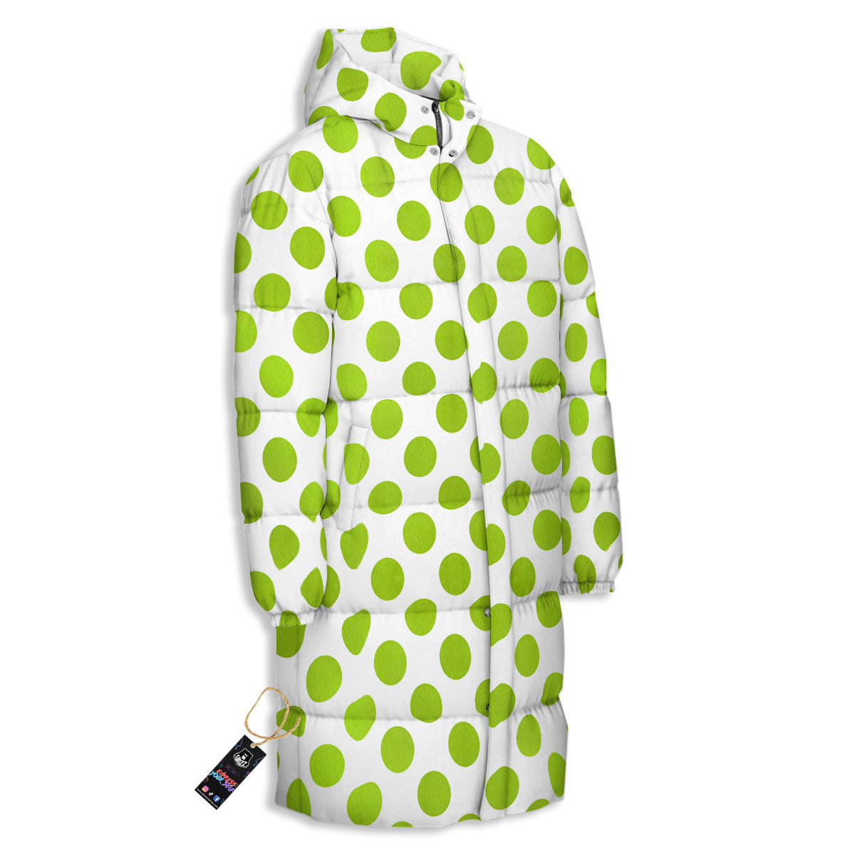 Polka Dot Lime Green And White Print Long Down Jacket-grizzshop