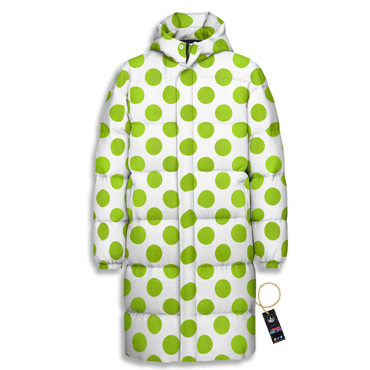 Polka Dot Lime Green And White Print Long Down Jacket-grizzshop
