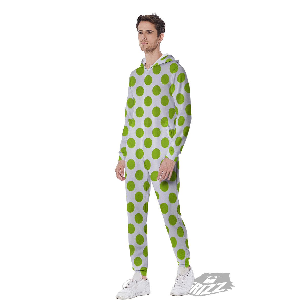 Polka Dot Lime Green And White Print Men's Jumpsuit-grizzshop