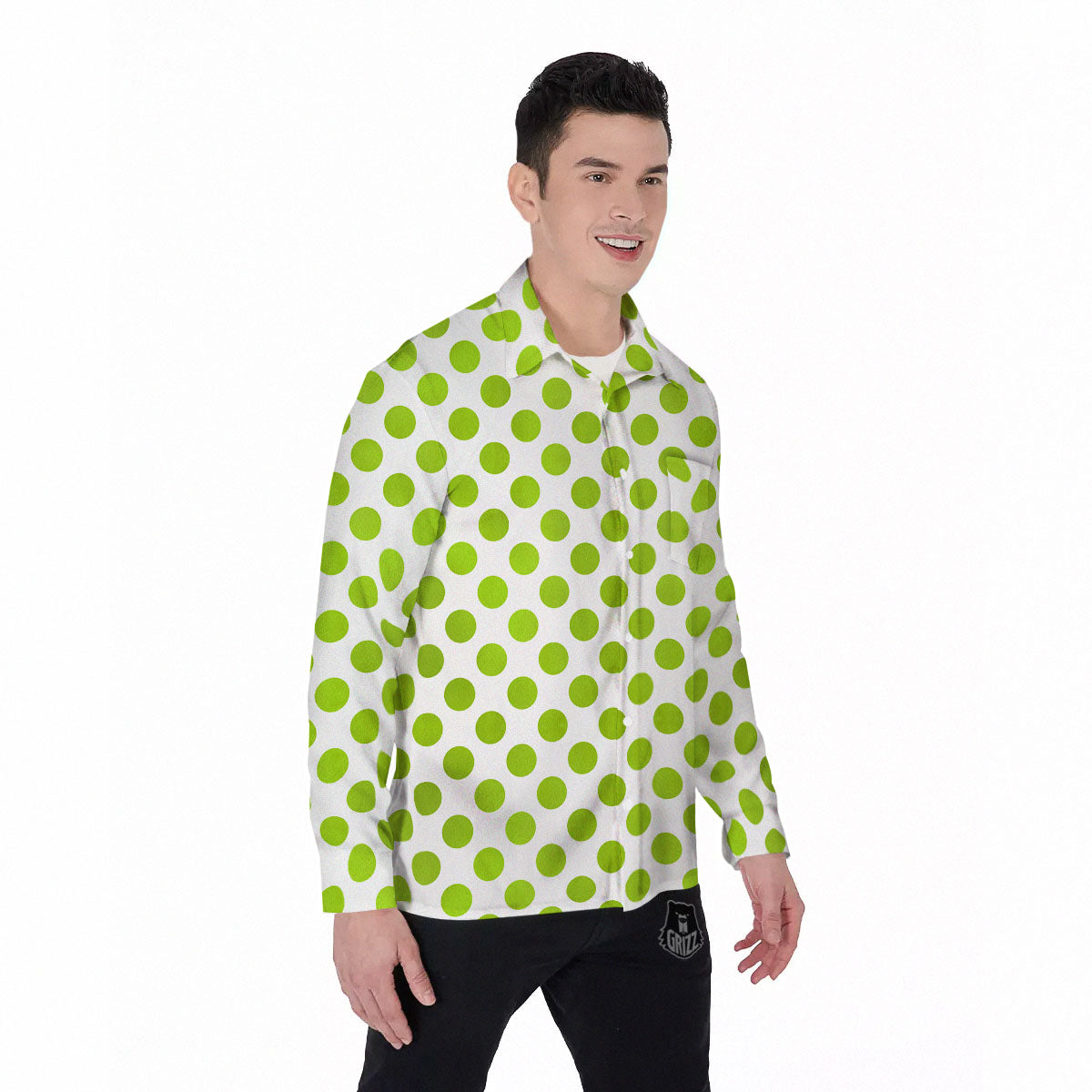 Polka Dot Lime Green And White Print Men's Long Sleeve Shirts-grizzshop