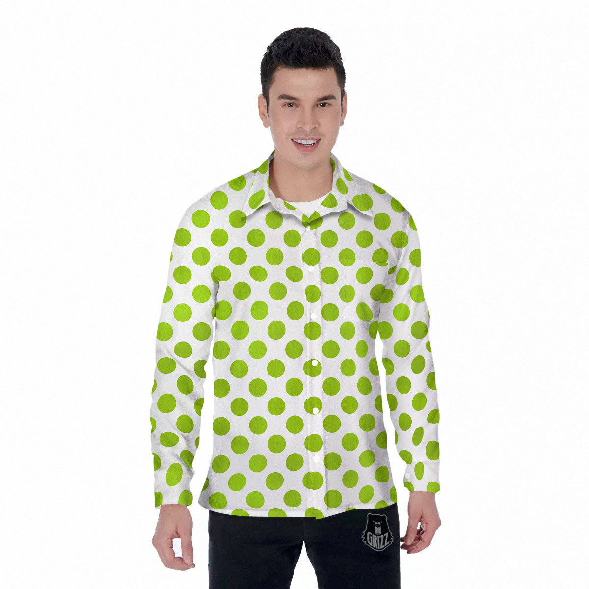 Polka Dot Lime Green And White Print Men's Long Sleeve Shirts-grizzshop