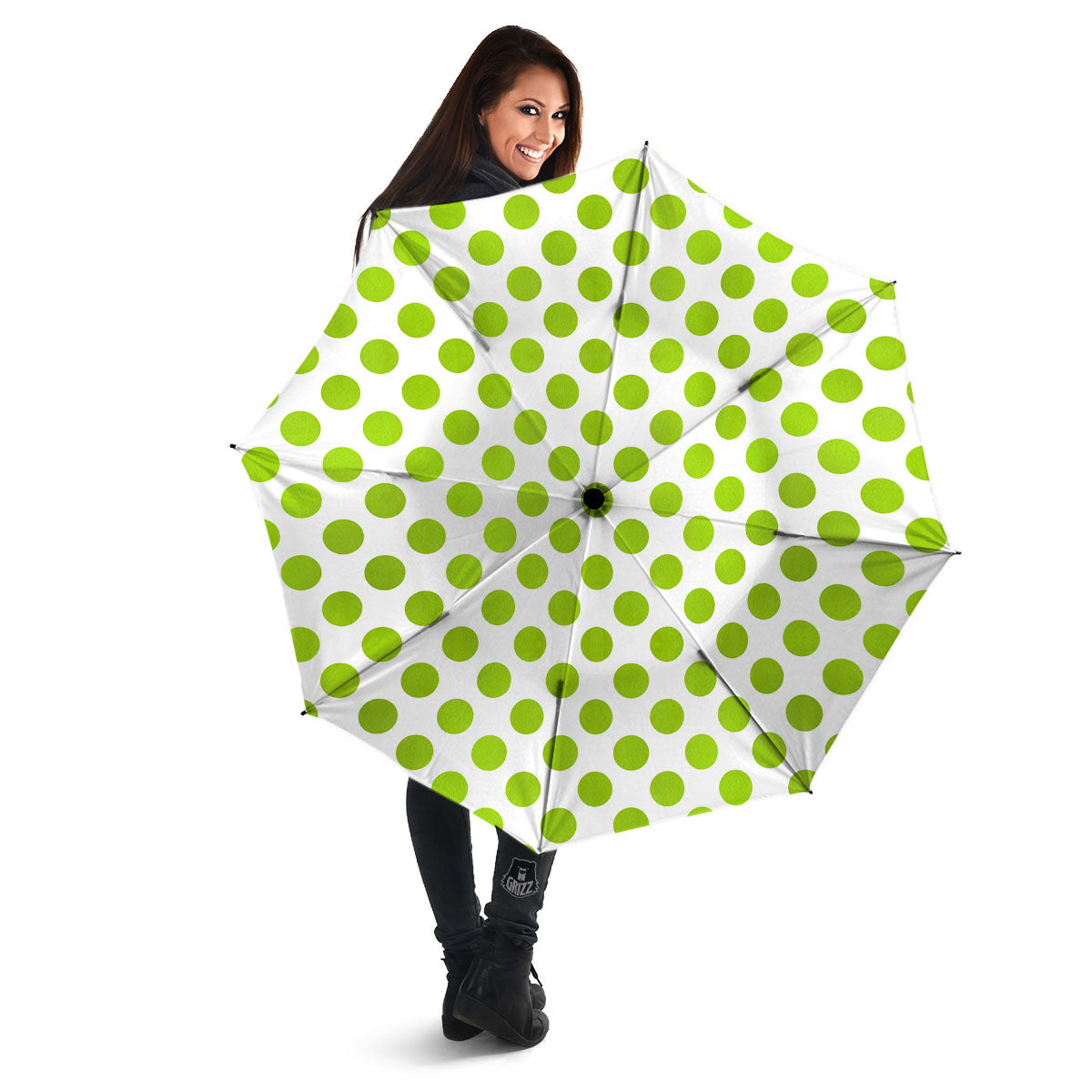 Polka Dot Lime Green And White Print Umbrella-grizzshop