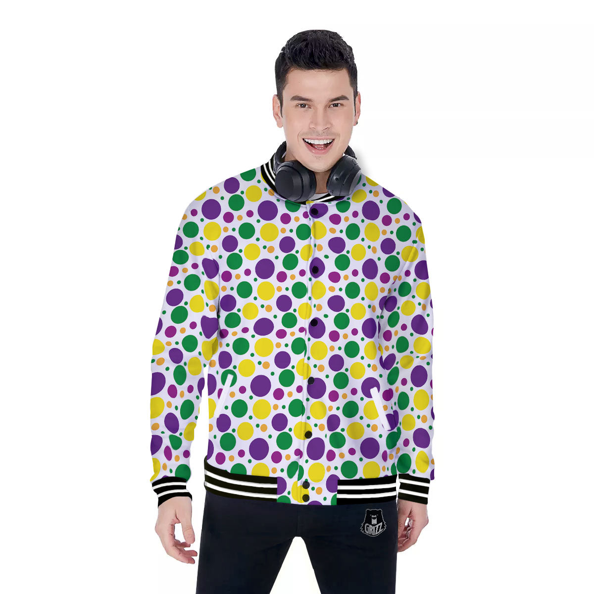 Polka Dot Mardi Gras Print Pattern Baseball Jacket-grizzshop