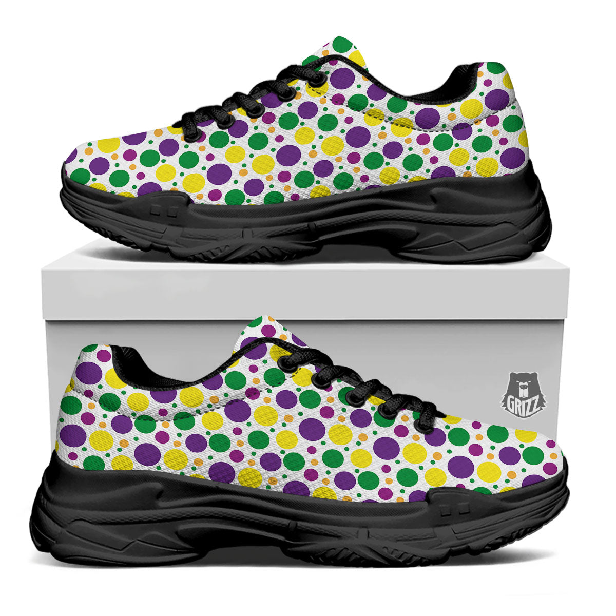 Polka Dot Mardi Gras Print Pattern Black Chunky Shoes-grizzshop