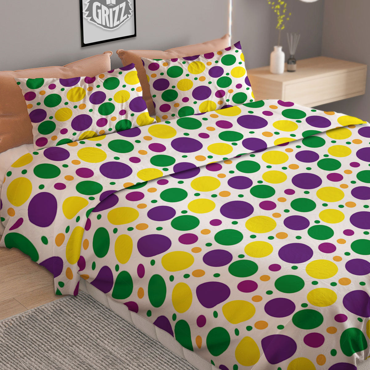 Polka Dot Mardi Gras Print Pattern Duvet Cover Bedding Set