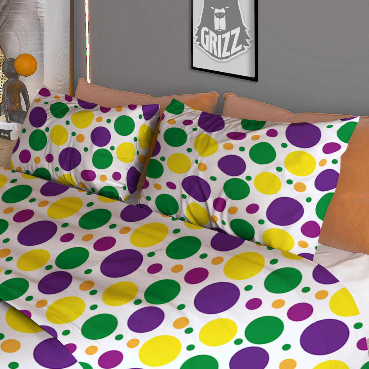 Polka Dot Mardi Gras Print Pattern Duvet Cover Bedding Set