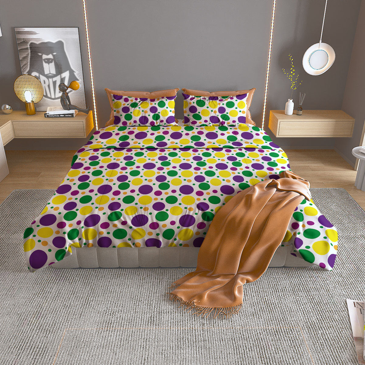 Polka Dot Mardi Gras Print Pattern Duvet Cover Bedding Set