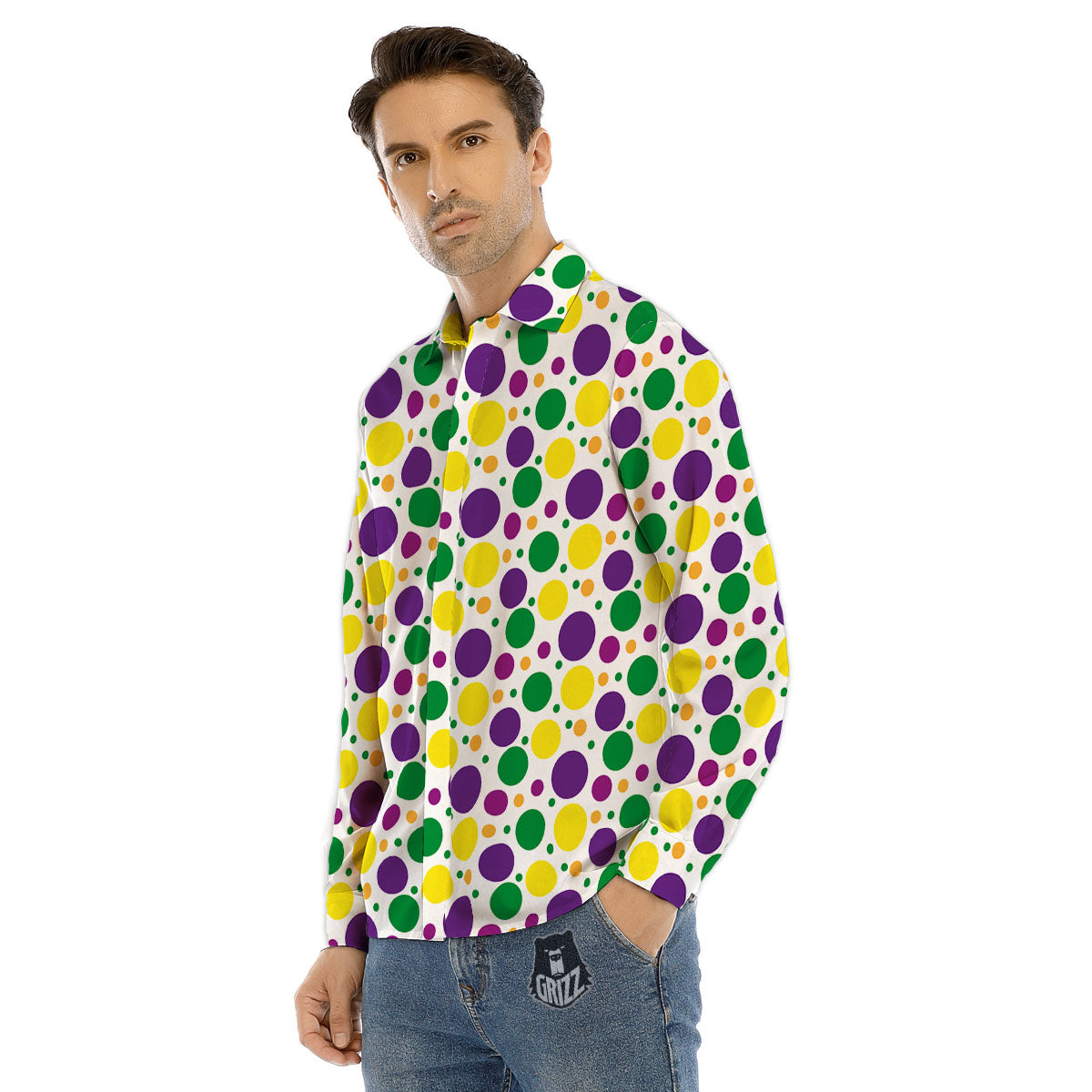 Polka Dot Mardi Gras Print Pattern Men's Dress Shirts-grizzshop