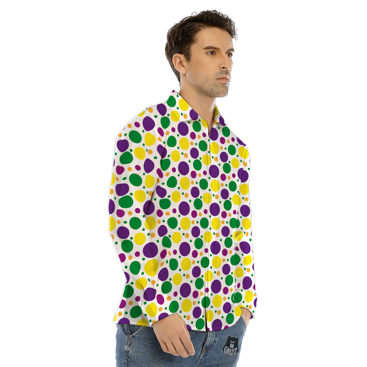 Polka Dot Mardi Gras Print Pattern Men's Dress Shirts-grizzshop