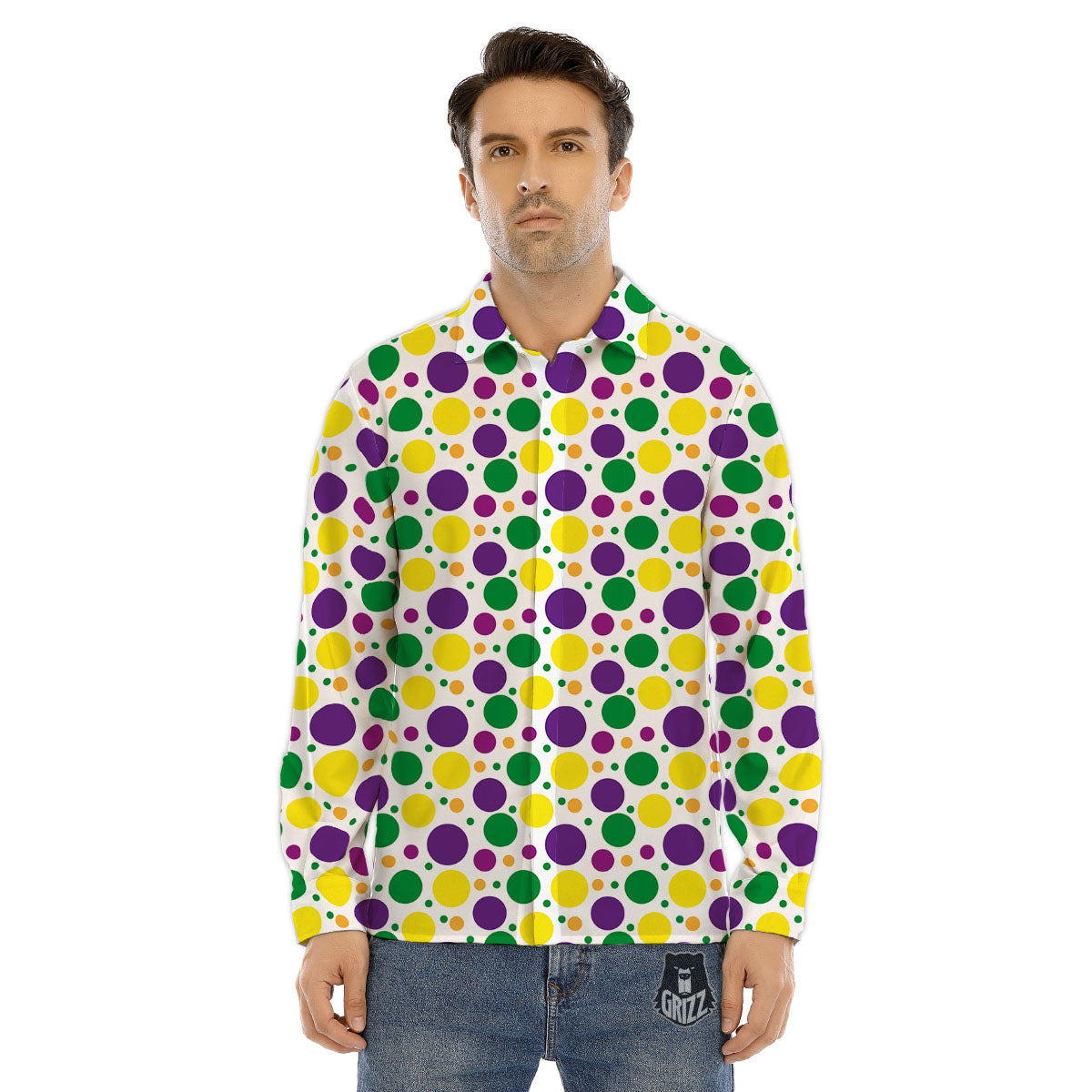 Polka Dot Mardi Gras Print Pattern Men's Dress Shirts-grizzshop