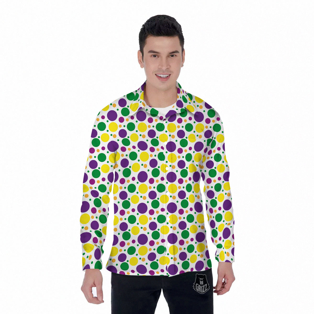 Polka Dot Mardi Gras Print Pattern Men's Long Sleeve Shirts-grizzshop