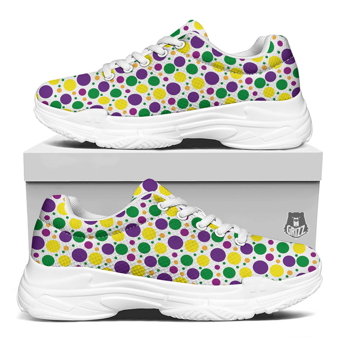 Polka Dot Mardi Gras Print Pattern White Chunky Shoes-grizzshop