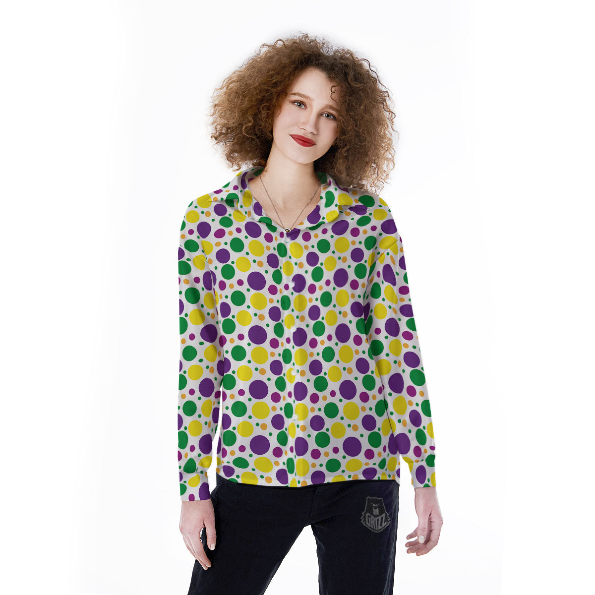 Polka Dot Mardi Gras Print Pattern Women's Long Sleeve Shirts-grizzshop