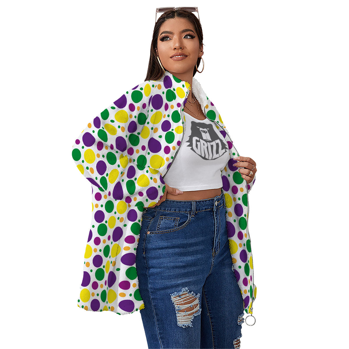 Polka Dot Mardi Gras Print Pattern Women's Sherpa Jacket-grizzshop