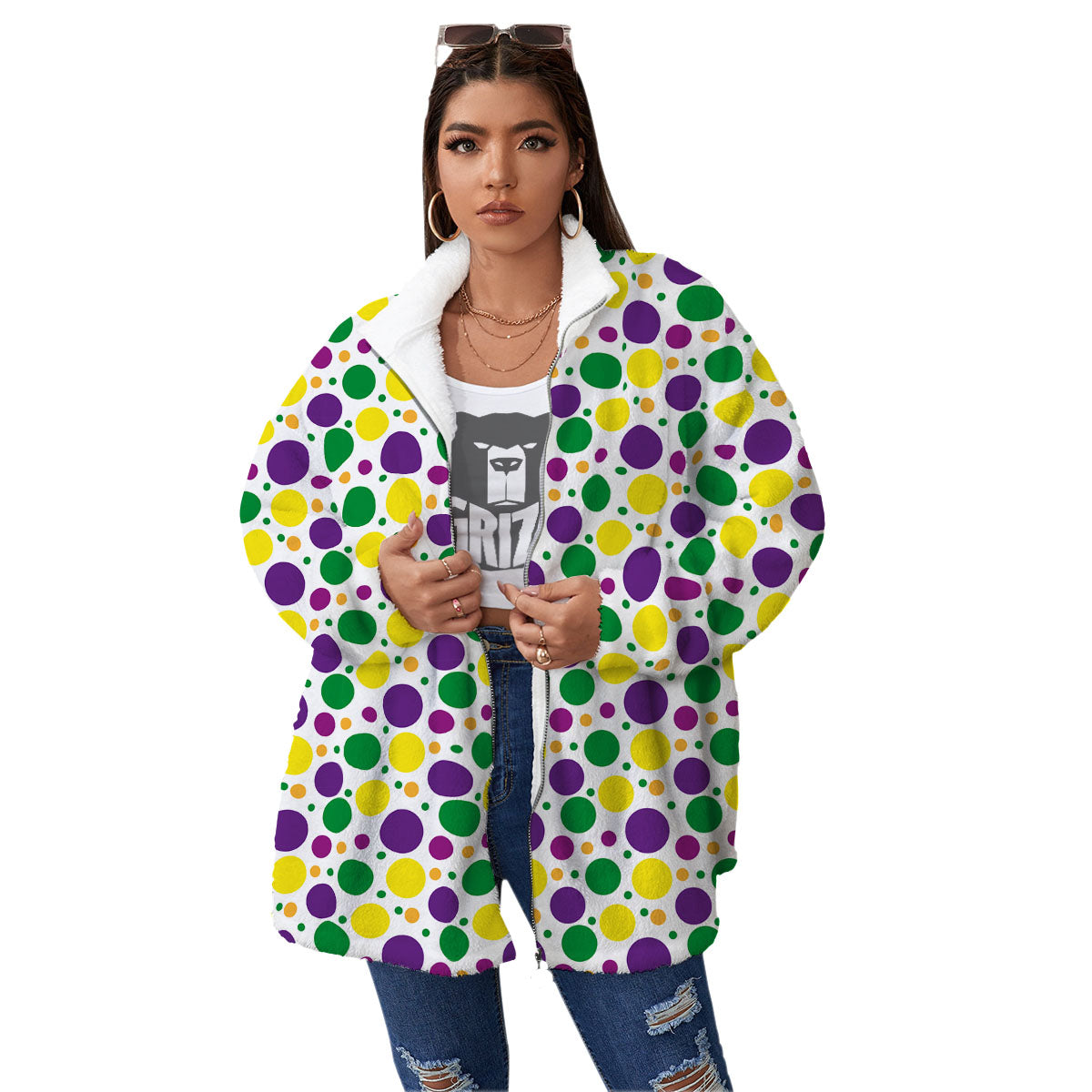 Polka Dot Mardi Gras Print Pattern Women's Sherpa Jacket-grizzshop