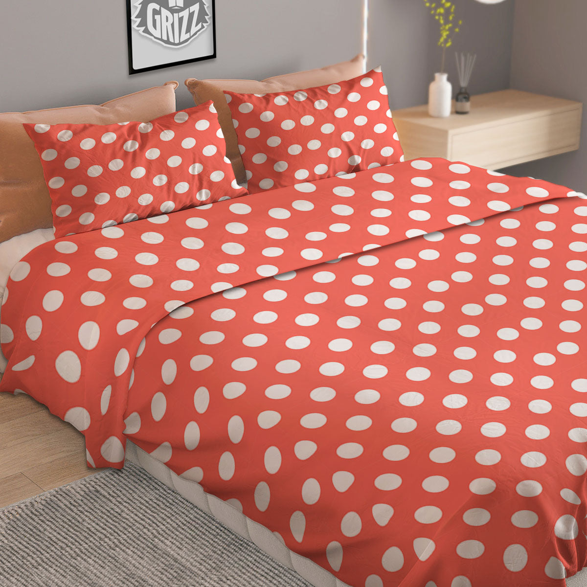 Polka Dot Pastel Red And White Print Duvet Cover Bedding Set