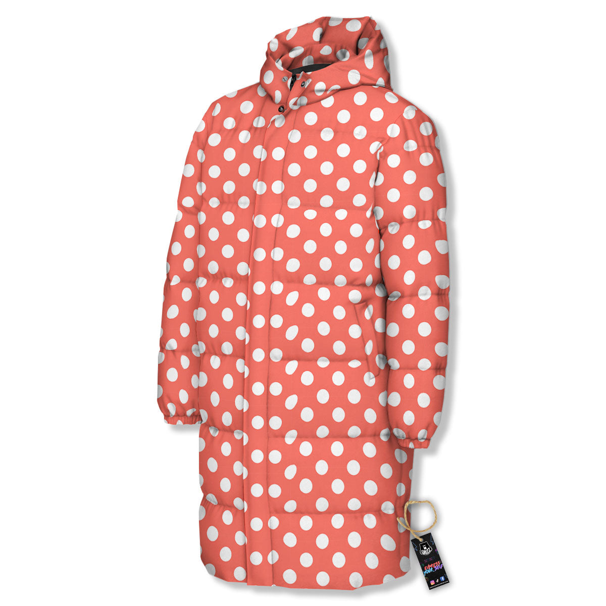 Polka Dot Pastel Red And White Print Long Down Jacket-grizzshop
