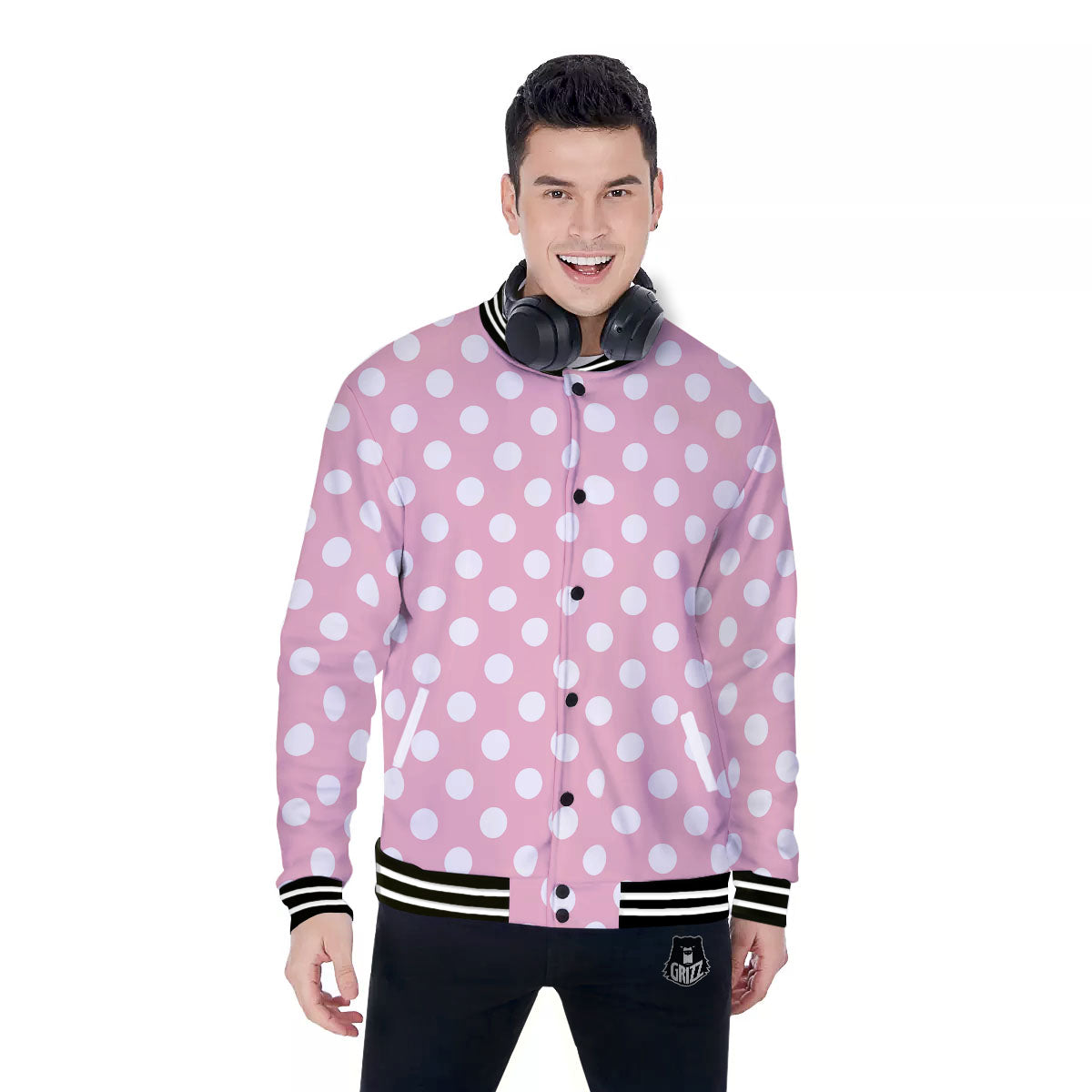Polka Dot Pink And White Print Baseball Jacket-grizzshop