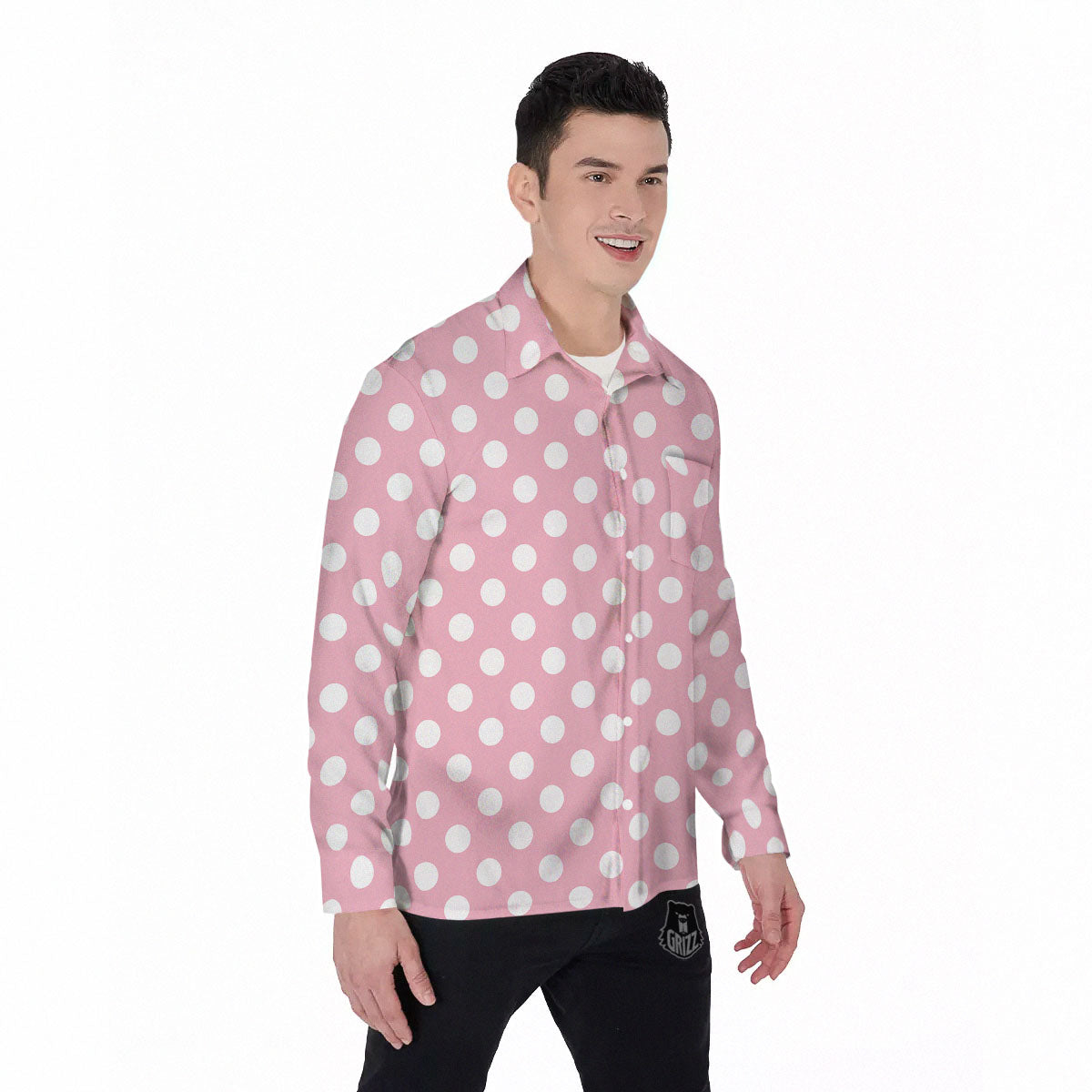 Polka Dot Pink And White Print Men's Long Sleeve Shirts-grizzshop