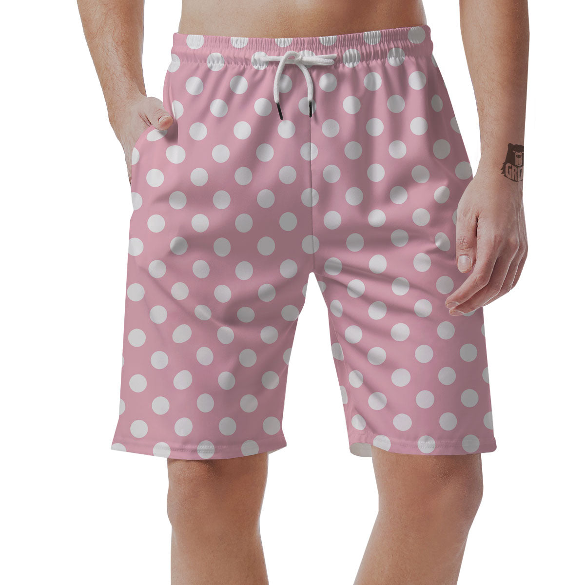 Polka Dot Pink And White Print Men's Shorts-grizzshop