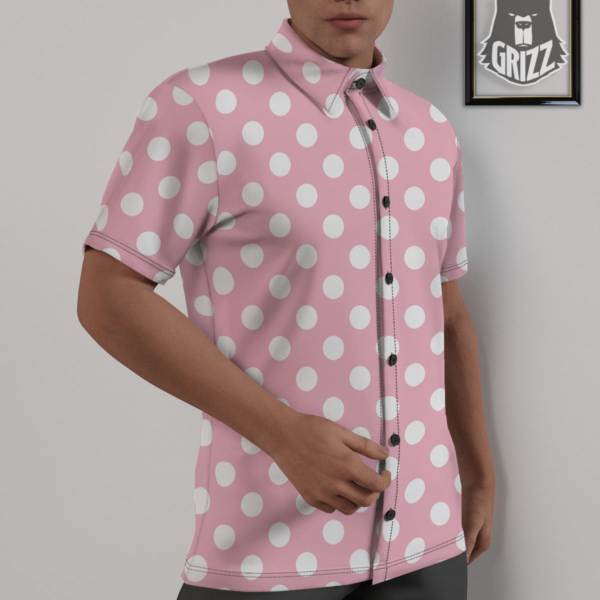 Polka Dot Pink And White Print Untucked Shirts-grizzshop