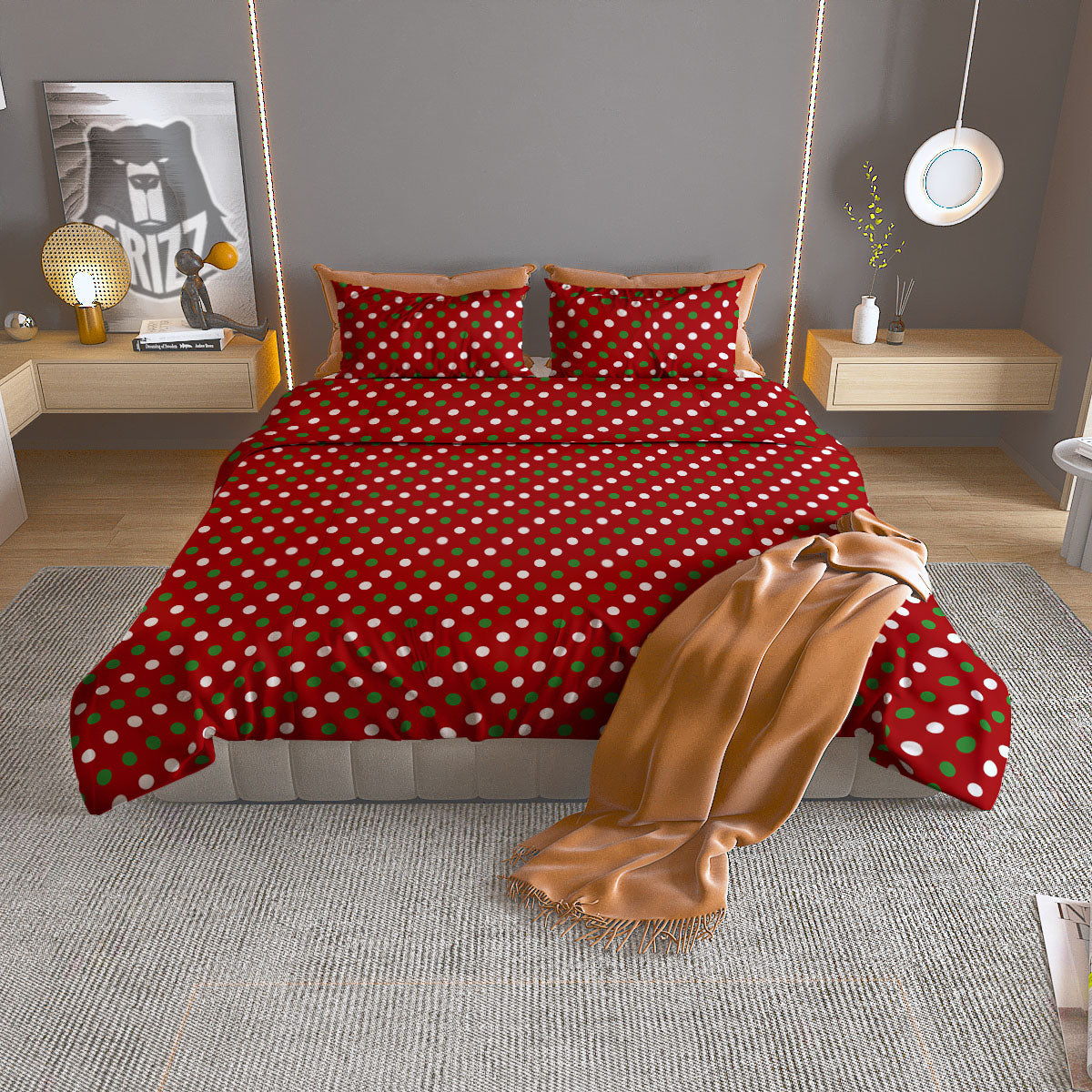 Polka Dot Red And Green Print Pattern Duvet Cover Bedding Set