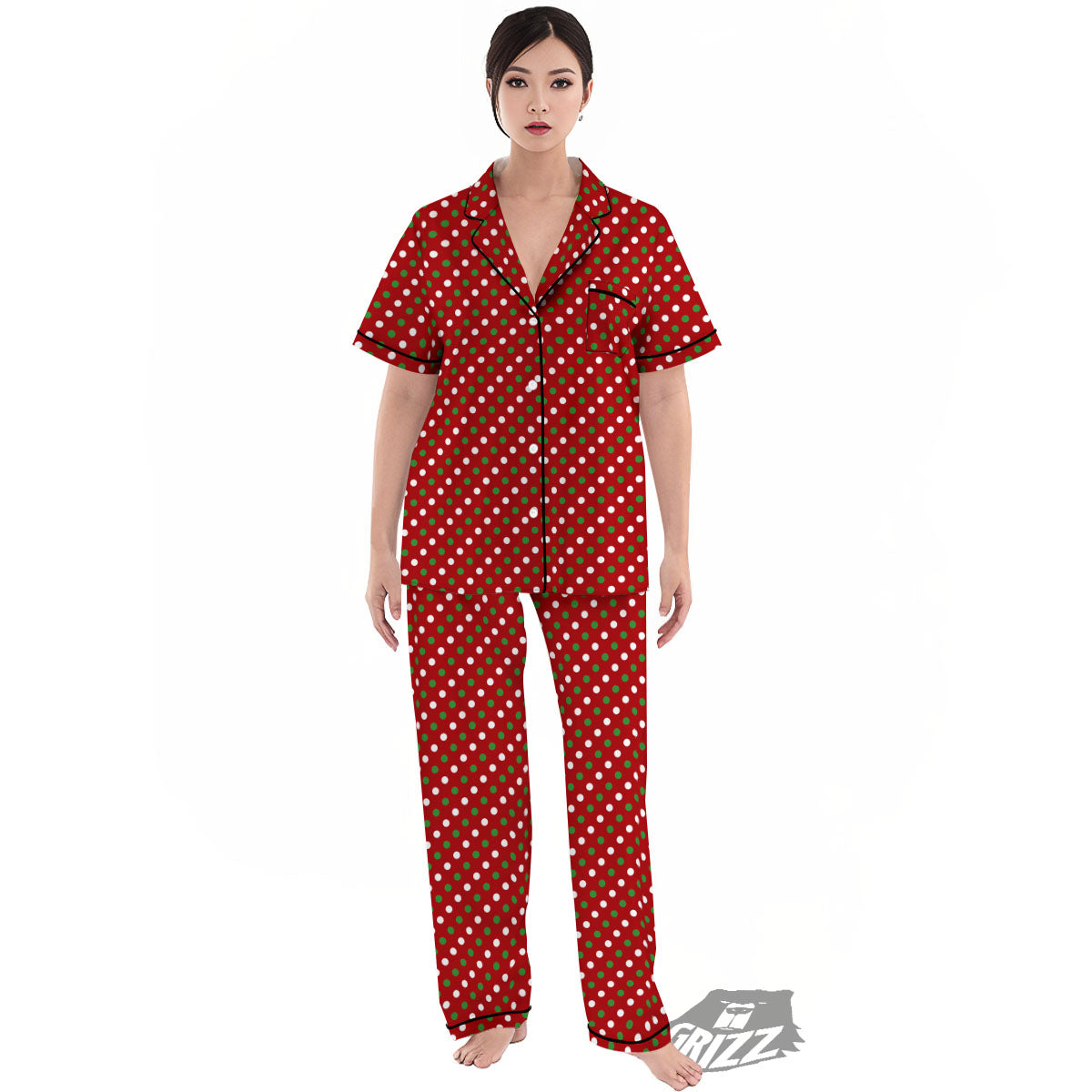 Polka Dot Red And Green Print Pattern Women's Pajamas Set-grizzshop