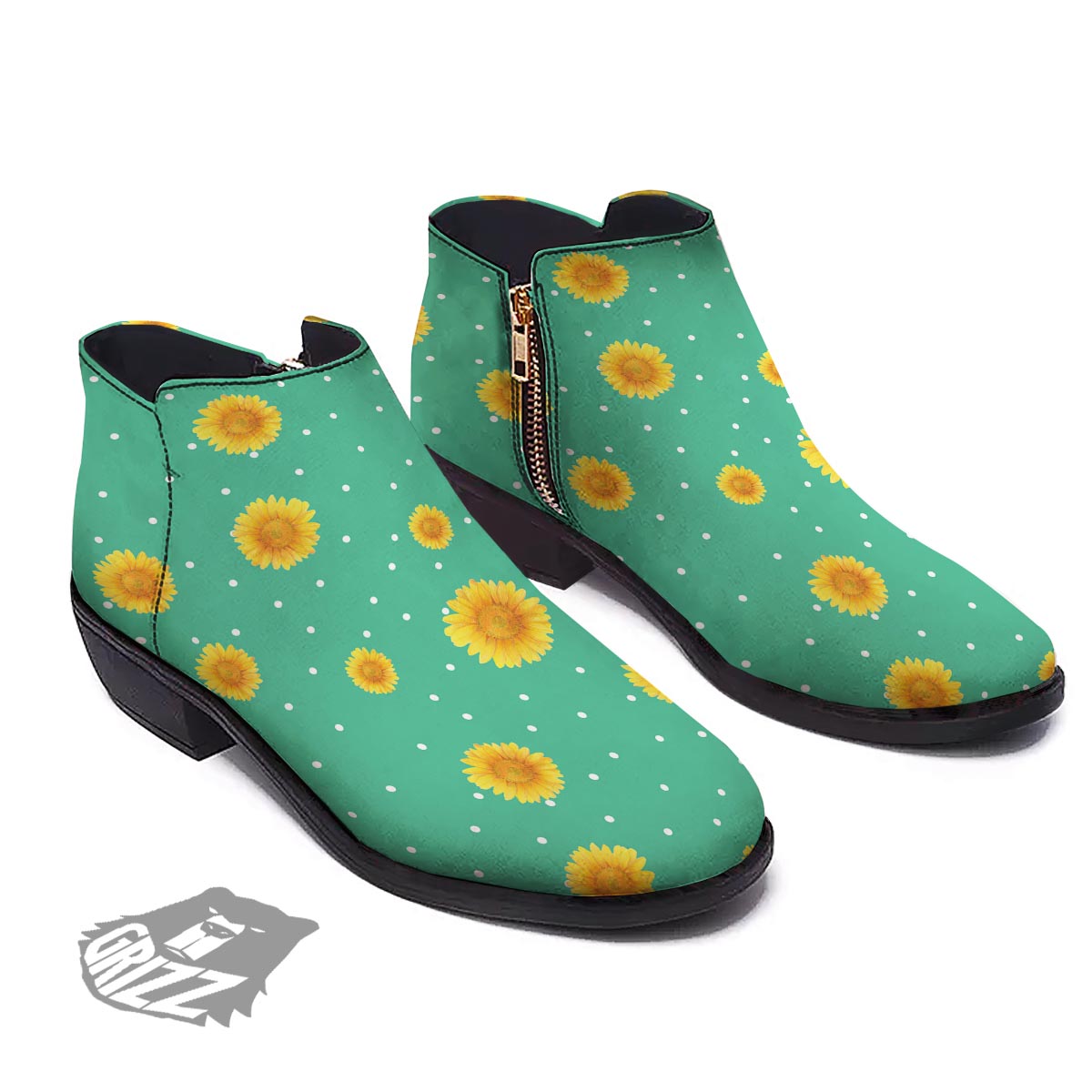Polka Dot Sunflower Print Pattern Ankle Boots-grizzshop