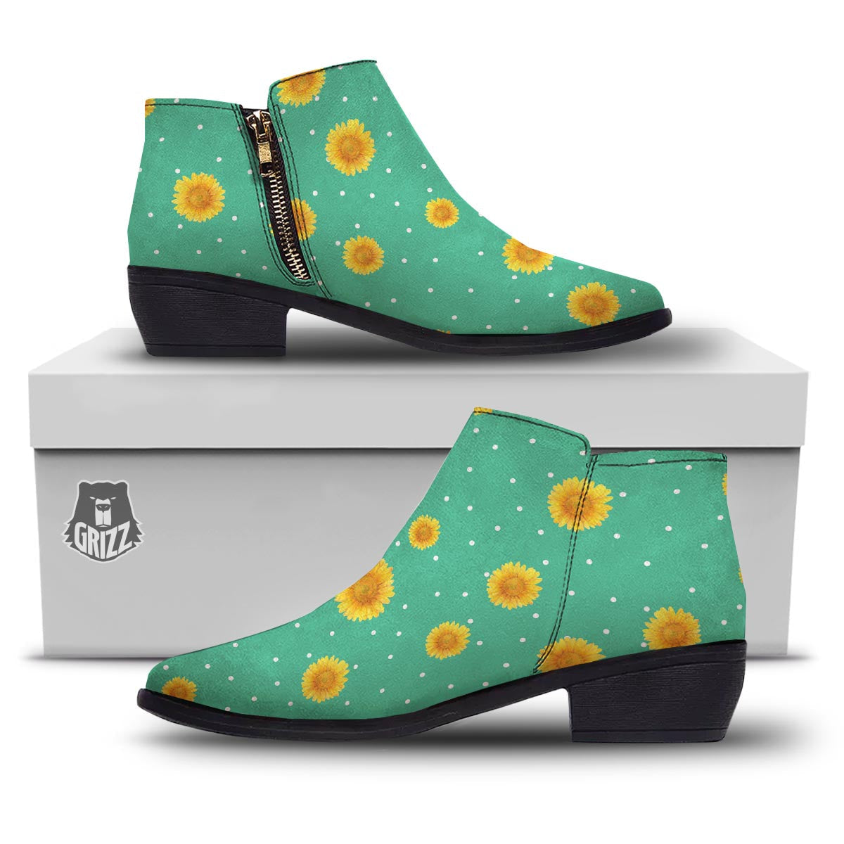 Polka Dot Sunflower Print Pattern Ankle Boots-grizzshop