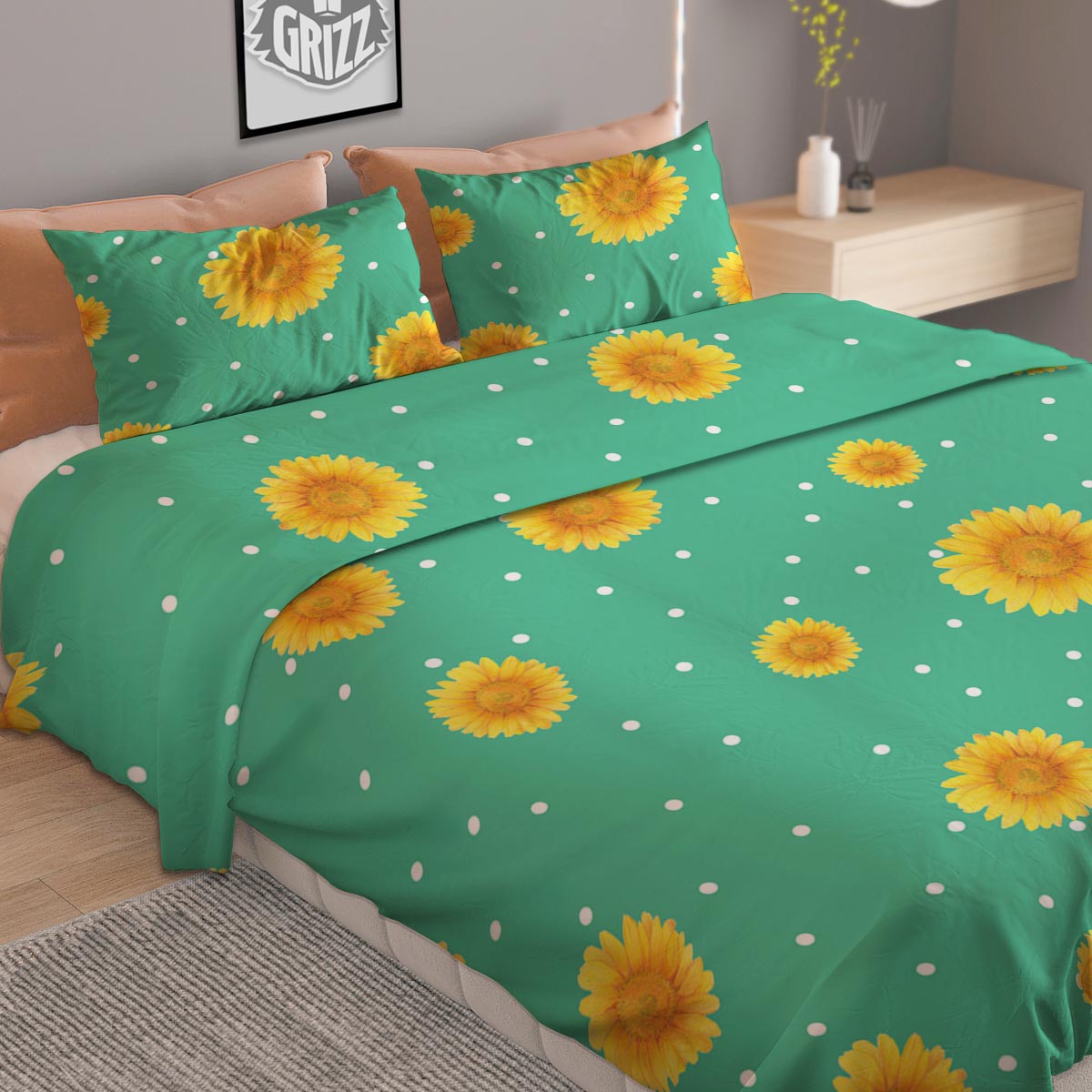 Polka Dot Sunflower Print Pattern Duvet Cover Bedding Set