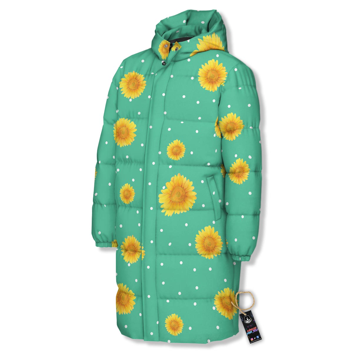 Polka Dot Sunflower Print Pattern Long Down Jacket-grizzshop
