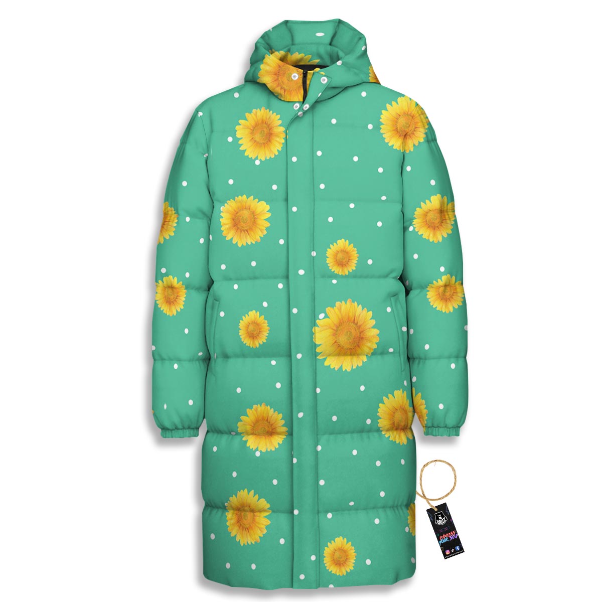 Polka Dot Sunflower Print Pattern Long Down Jacket-grizzshop